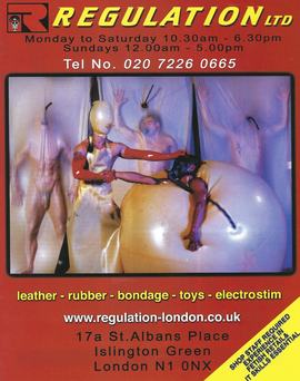 REGULATION advert, leather rubber bondage toys electrostim