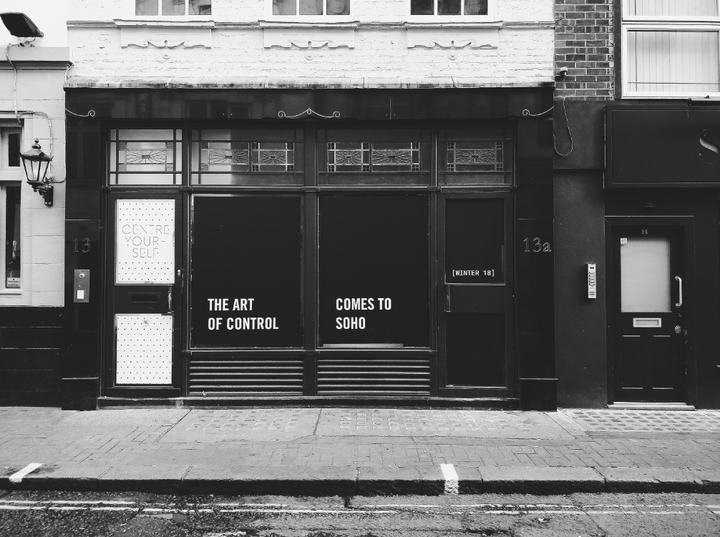 13a Bateman Street before opening, papered with The Art of Control comes to Soho, Winter 18