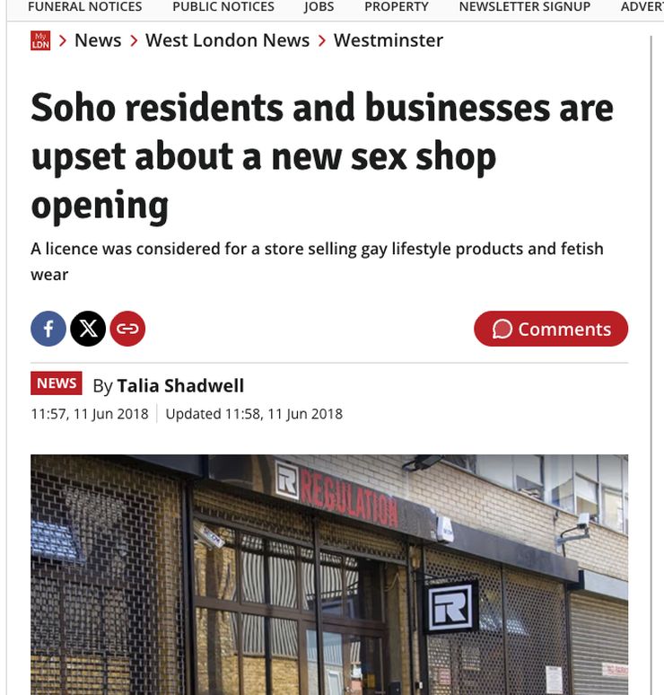 MyLondon news article, June 2018: Soho residents and businesses are upset about a new sex shop opening