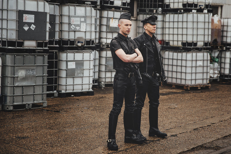 Two men dressed in full leather