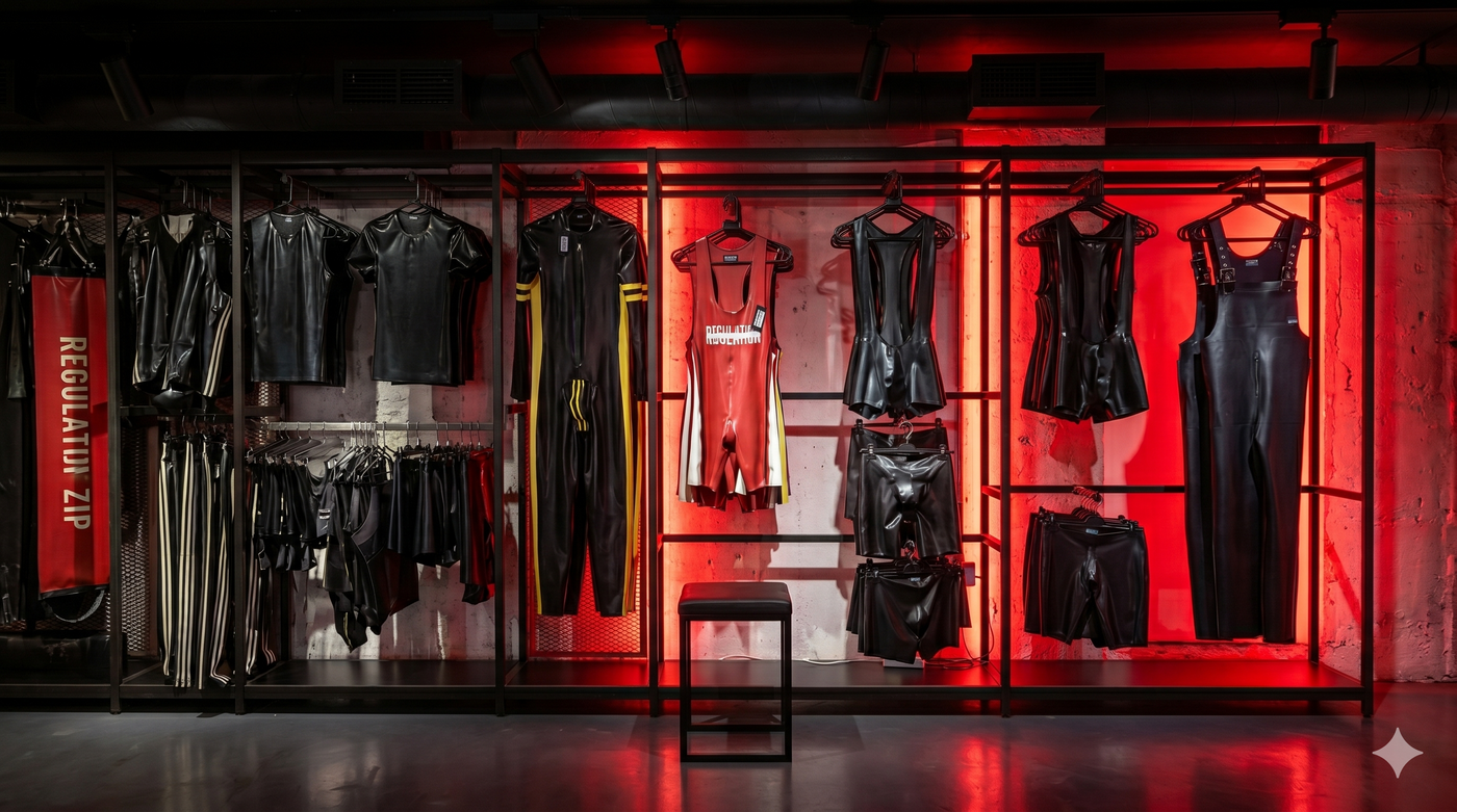 Men's Latex Clothing display with red lighting in a store setting