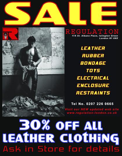 REGULATION sale advert, 30 percent off all leather clothing
