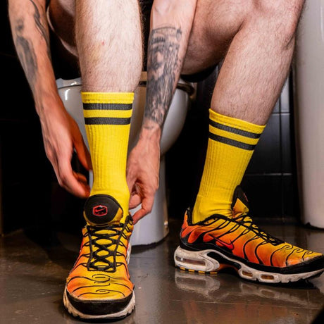 Skater Socks, PISS, Yellow/Black from BOXER Barcelona.