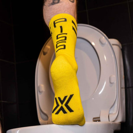 Skater Socks, PISS, Yellow/Black from BOXER Barcelona.