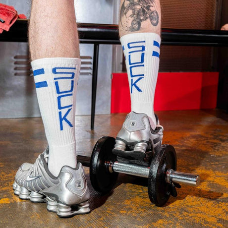 Skater Socks, SUCK, White/Royal Blue from BOXER Barcelona.