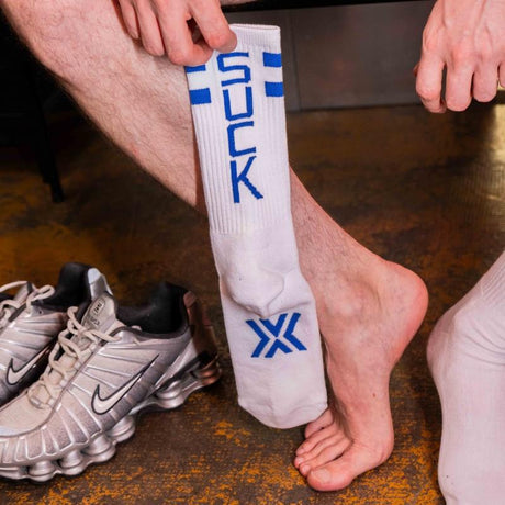 Skater Socks, SUCK, White/Royal Blue from BOXER Barcelona.