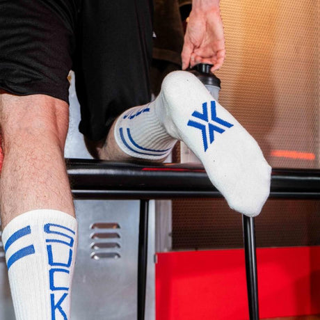 Skater Socks, SUCK, White/Royal Blue from BOXER Barcelona.